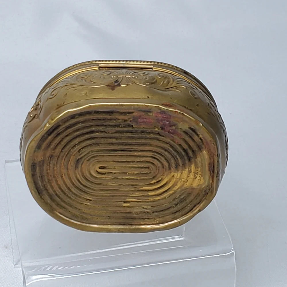 Antique Pozzoni's 1912 Brass Powder Puff Tin Box Embossed Lidded Trinket Dresser
